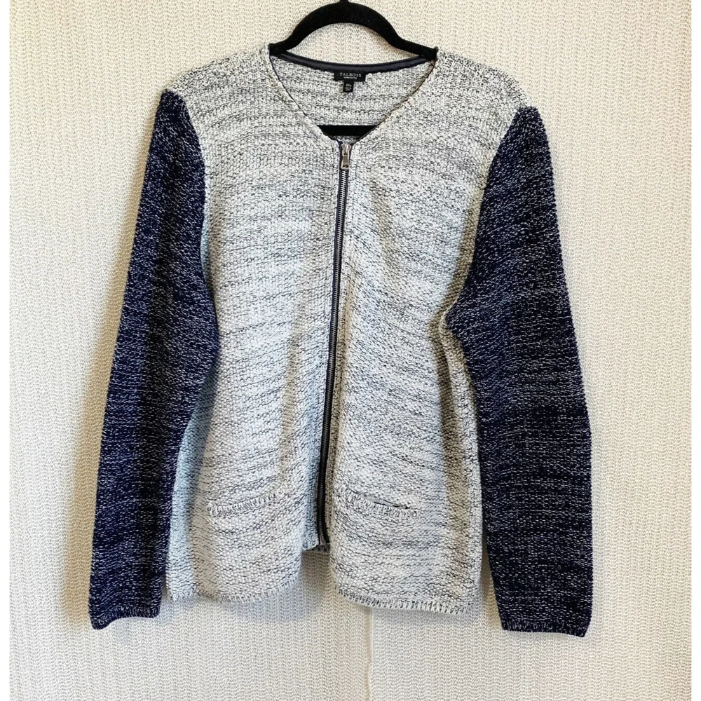 TALBOTS FULL ZIP MARLED COLORBLOCK BLUE WHITE KNIT JACKET WOMEN PETITE 2X POCKET